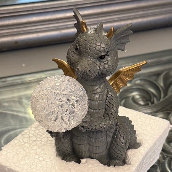 Gray Dragon Statue Figurine with Gold Wings Light Up LED Crystal Ball - Picture 3 of 7